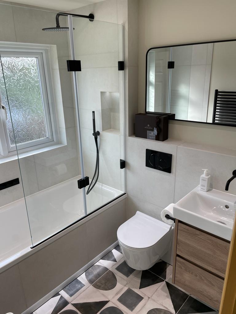 Monochrome bathroom refurbishment Cranleigh by Thomson Properties kitchen and bathroom refurbishment specialists