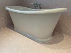 Freestanding bath, neutral colours, luxury bathroom, bathroom fitter Surrey and Sussex, Thomson Properties