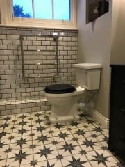 Traditional bathroom refurbishment with metro wall tiles and patterned floor tiles - Thomson Properties