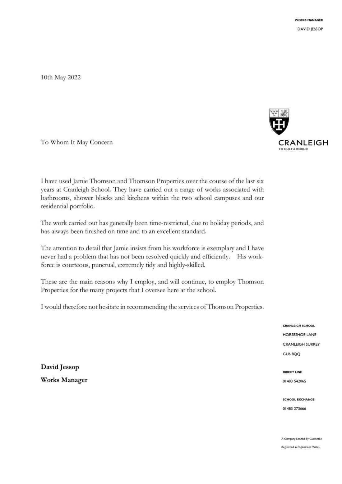 Cranleigh School testimonial for Thomson Properties - kitchen and bathroom installers Surrey and Sussex
